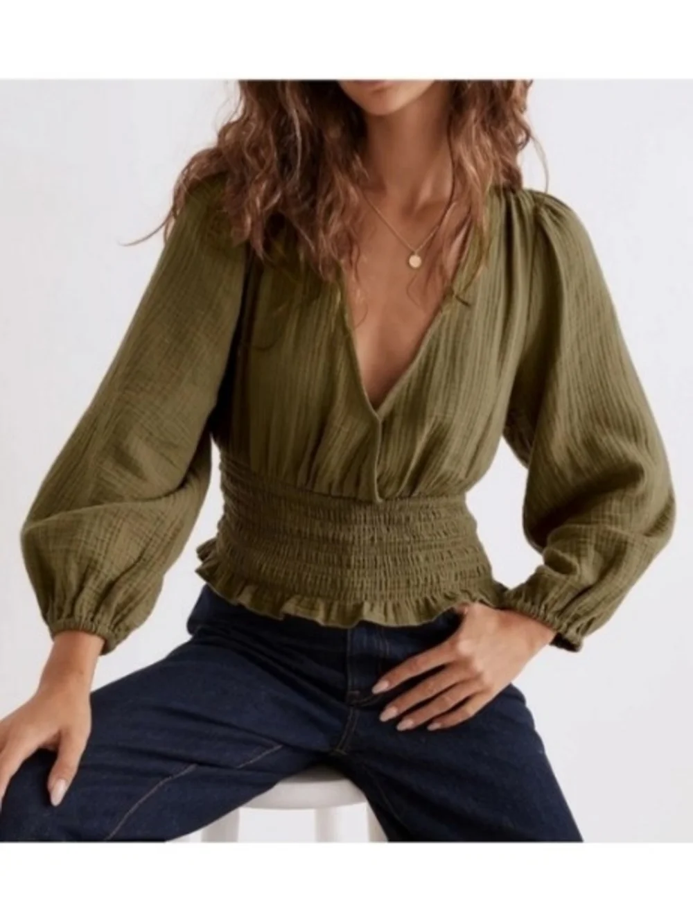 Madewell Women Green Lightspun Julianne Cottagecore Smocked Waist Top Size Small